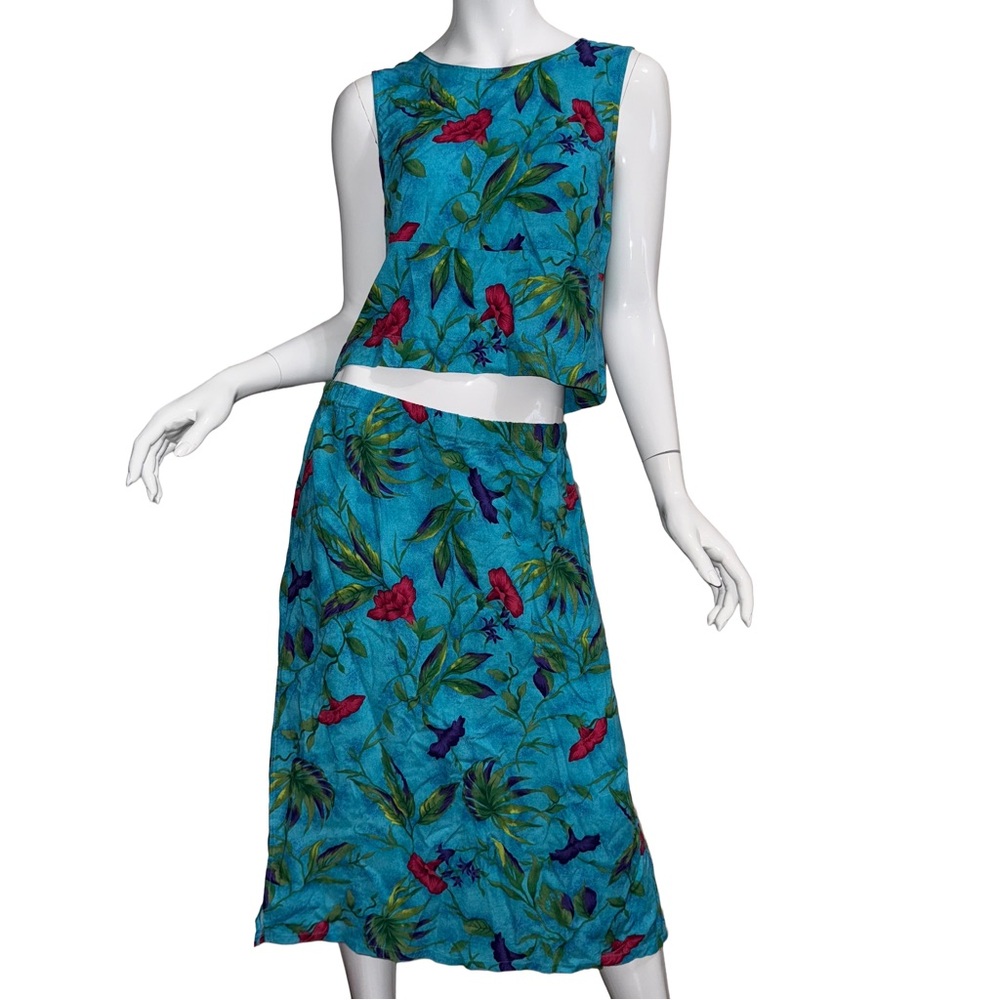 Vintage Y2K Blue Floral Hawaiian Matching Skirt Set Retro Resort Tropical Summer